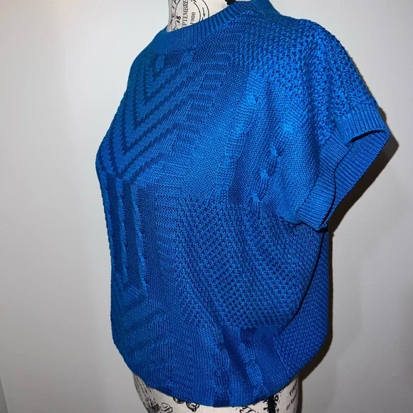 Vintage Vibrant Azure Blue Textured Knit Short Sleeve Top Small - Picture 3 of 7